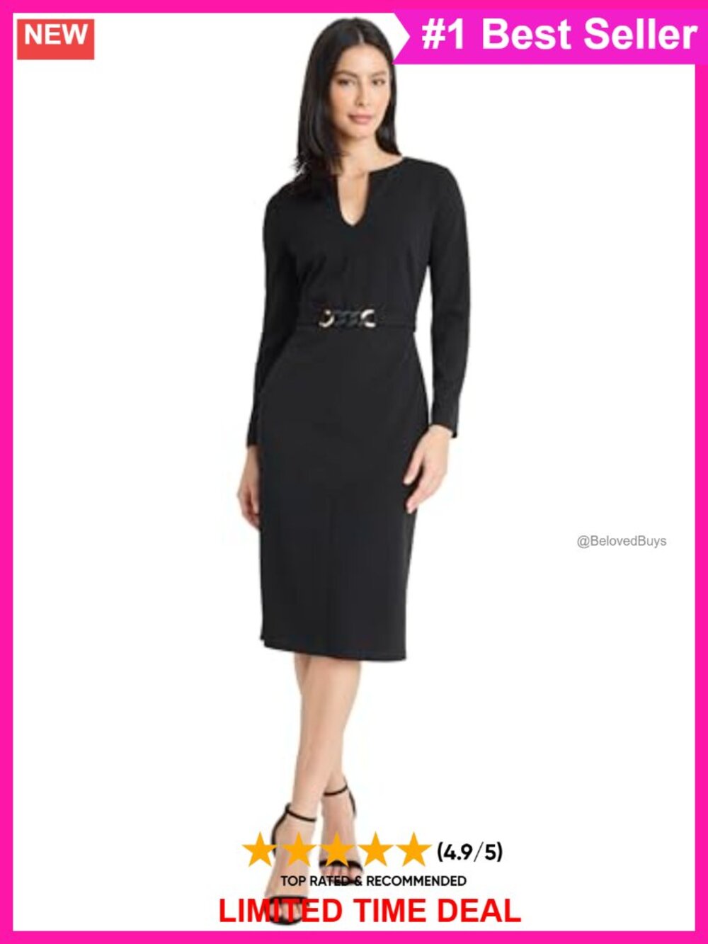 Long Sleeve V Neck Sheath Dress Metal Belt Detail Knee Length
